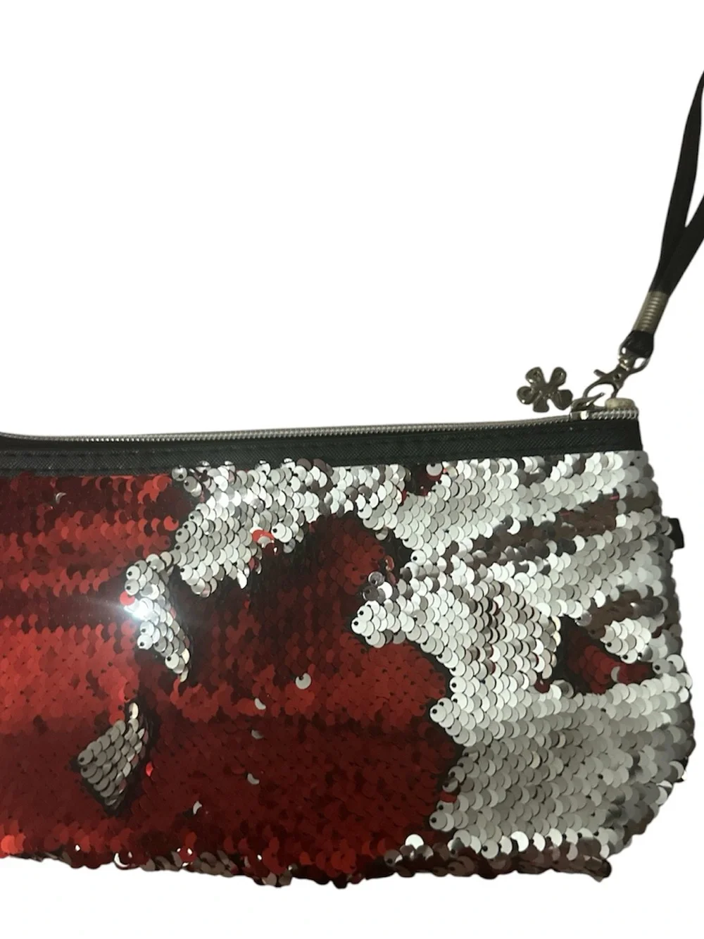 Amazon Red and Silver Sequin Wristlet Pouch flower silver charm like new cute